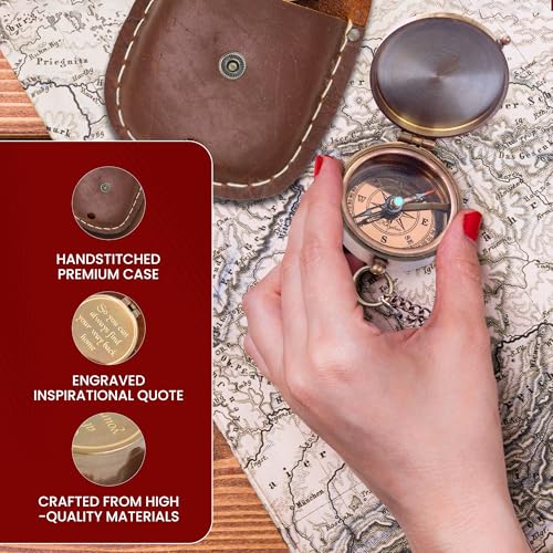 Brújula de latón antigua de 2 pulgadas con estuche de cuero - grabada con frase inspiradora miniatura 3