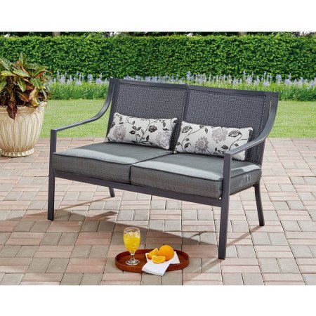 Alexandra Square Outdoor Loveseat Garden Bench Reversible Cushions Faux Wood Slat Back Metal Slate/Tile Outdoor (Gray)