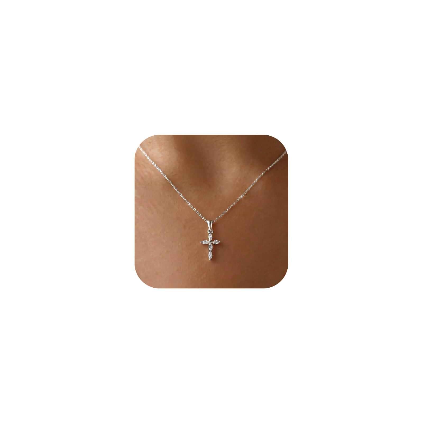 Cross Necklace for Women, Dainty 14K Gold Plated CZ Pendant Marquise Cubic Zirconia Charm, Adjustable Chain, Hypoallergenic & Waterproof, Trendy Christian Faith Jewelry, Religious Gifts