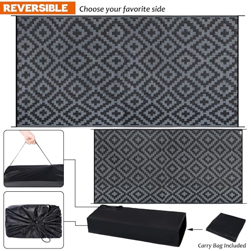 SAND MINE Waterproof Outdoor Rug 9x18 ft, Plastic Reversible Rug, Modern Area Rug, Large Floor Mat for Outdoors, RV, Patio, Backyard, Deck, Picnic, Beach, Camping, Black Grey Lattice - Thumbnail 3