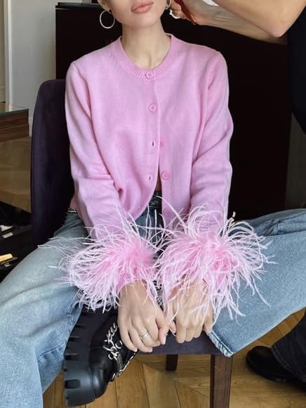 Women Feather Trim Fall Winter Knit Cardigan Y2k Button Down Long Sleeve Cropped Fur Jacket Holiday Rave Sweater Tops - Image 4