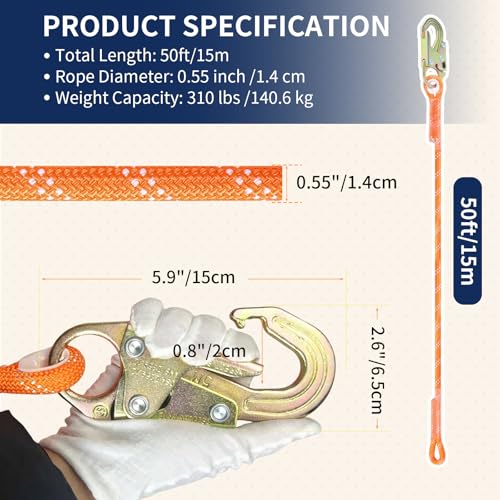 Image of Fall Protection Safety Rope 50FT, Heavy Duty Vertical Lifeline Assembly with Grab Snap Hooks Shock Absorber, Safety Lanyard for Roofing Tree Climbing Construction