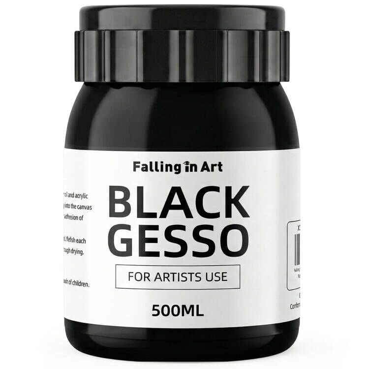Falling in Art Black Gesso Primer for Acrylic Painting 16.9Oz Non-Toxic Canvas Primer Gesso Surface Prep Medium