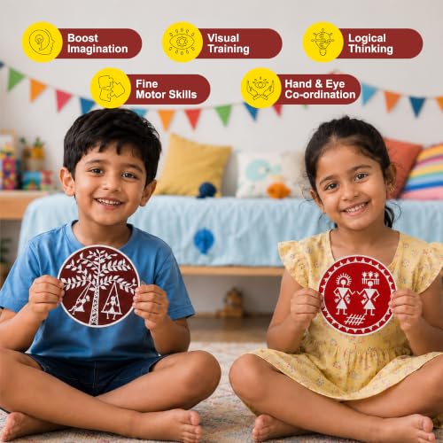 Image of Kores Warli Art Kit for Kids | DIY Indian Folk Art Painting Kit | 4 Illustrated Coasters + 2 Wall Hangers + Stands | Acrylic Colours, Sketch Pens, Brushes & Manual | Creative Art & Craft Kit for Age 8-99