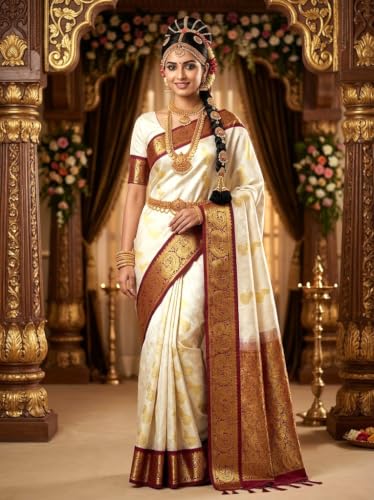 Image of VFCollections Women's Kanchipuram Silk Bridal Pure Pattu Cream White Sarees With Blouse