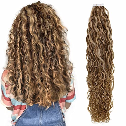 Easyouth Tape in Curly Hair Extensions Human Hair Color Chocolate Brown Highlight Honey Blonde Tape in Extensions Natural Wave Seamless Tape ins 22Inch 50g 20 Pieces