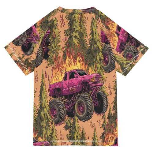 Boys Short Sleeve T-Shirts Monster Truck Car Fire Rashguard Kids Swim Shirts Sun UPF 50+2