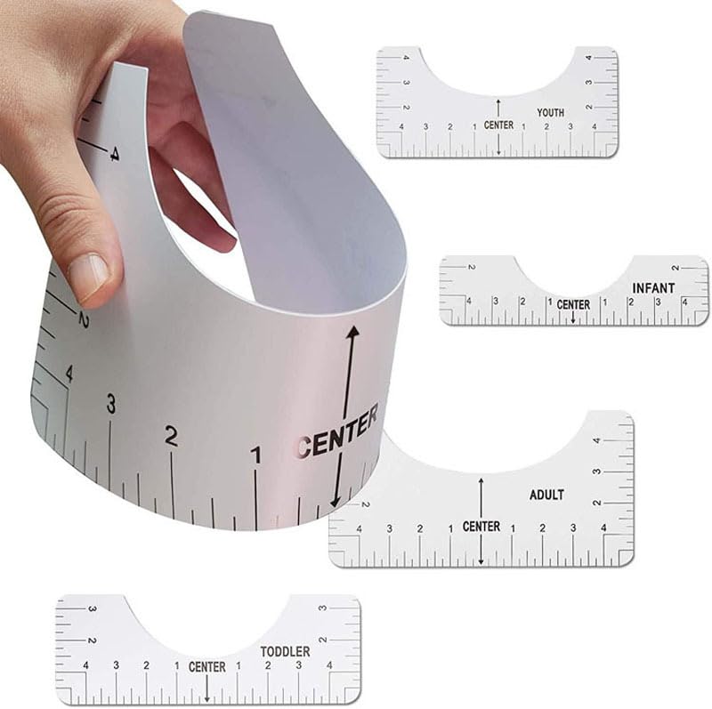 12 Pezzi Guida Righello per Cucito T-Shirt Righello Guida Righello di Allineamento T-shirt Strumento di Centraggio per Magliette Pieghevole PVC con 1 Rotolo Righello Applicabile ad Adulti e Bambini