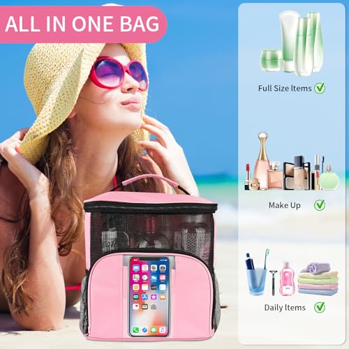 Shower Caddy Portable, Large Capacity Shower Caddy Dorm Tote bag, Hanging Shower Bag for College Dorm Room Essentials, Quick Dry Mesh Toiletry Bag with Phone Pocket for Boys and Girls (pink) - Image 3