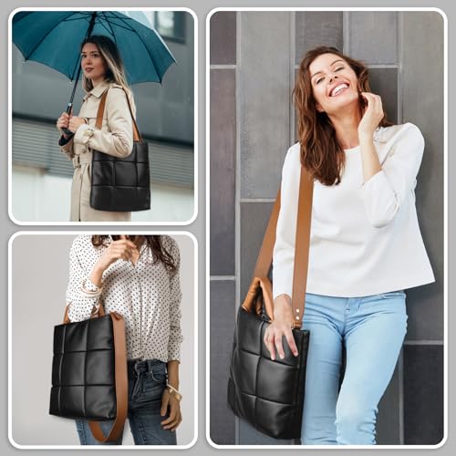 Image of Puffer Tote Bag, Quilted Crossbody Bag with Zip, Top-Handle Shoulder Bags with Removable Strap, PU Leather Handbags for Women