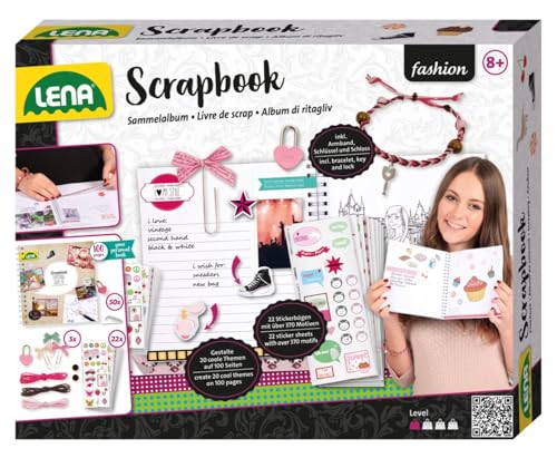 LENA 42331 Craft Scrapbook Grande, Completo con Álbum, Cerradura, 22 Hojas con 370 Pegatinas, Esquinas de Fotos, Clips de Cinta y Accesorios para Pulseras, Set Creativo a Partir de 8 Años, Multicolor