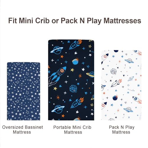 Image of david's kids 3 Pack Mini Crib Sheets, Soft Breathable Premium Pack N Play Sheets for Baby Boys Girls Neutral, Playard and Mini Crib Mattresses, Space
