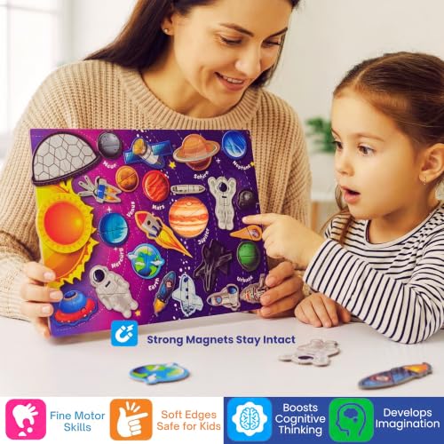Image of Wooden Solar System Magnetic Puzzle for Kids | 50 Pieces Magnetic DIY Science Jigsaw with Board | Early Learning Games | Educational Toy for Boys and Girls (Multicolor, Ages 2-7 Years)