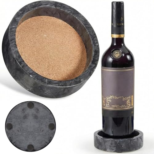 Hoolerry 1 Pcs Marble Wine Bottle Coaster Set Small Marble Wine Bottle Holder for Table with Absorbent Cork for Glass Jewelry Key (Black 4.7x1.2inch)