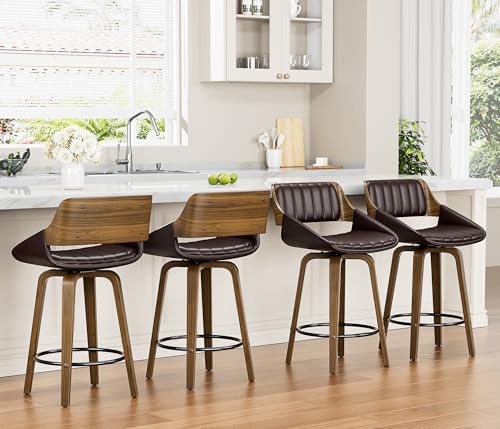 Image of YaFiti Bar Stools Set of 4, 26 inch Swivel Counter Height Barstools with Bentwood Back and Legs, Mid Century Modern Upholstered Faux Leather Counter Stools for Kitchen Island, Bar, Dining Room, Brown