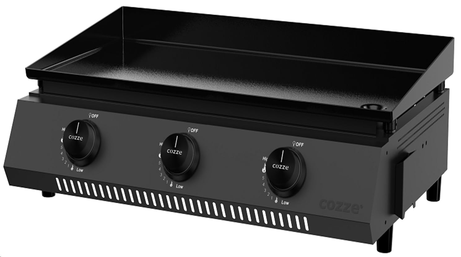 Cozze® Plancha de gas G-700 – plancha de mesa 3 quemadores 6,6 kW (30 mbar), placa esmaltada 66,5×35 cm, bandeja recogegrasas, negro mate