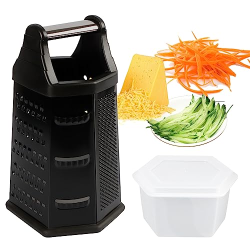 Box Grater, Cheese Grater Shredder Stainless Steel with 6 Sides, Best for Parmesan Cheese, Vegetables, Potatoes, Carrot, Ginger, Mandoline Vegetable Slicer with Detachable Container, Black