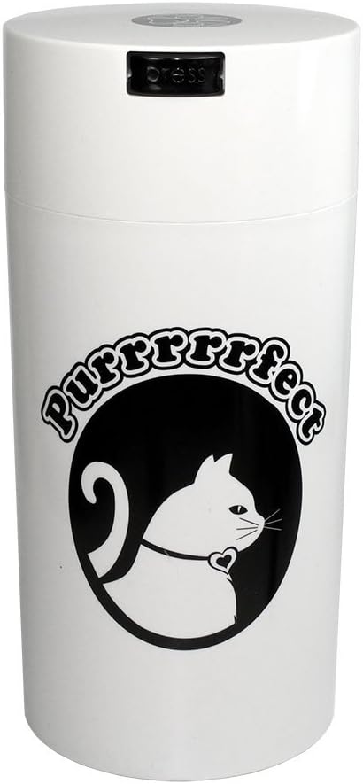 Pawvac 24 Ounce Vacuum Sealed Pet Food Storage Container; White Cap & Body/Black Cat