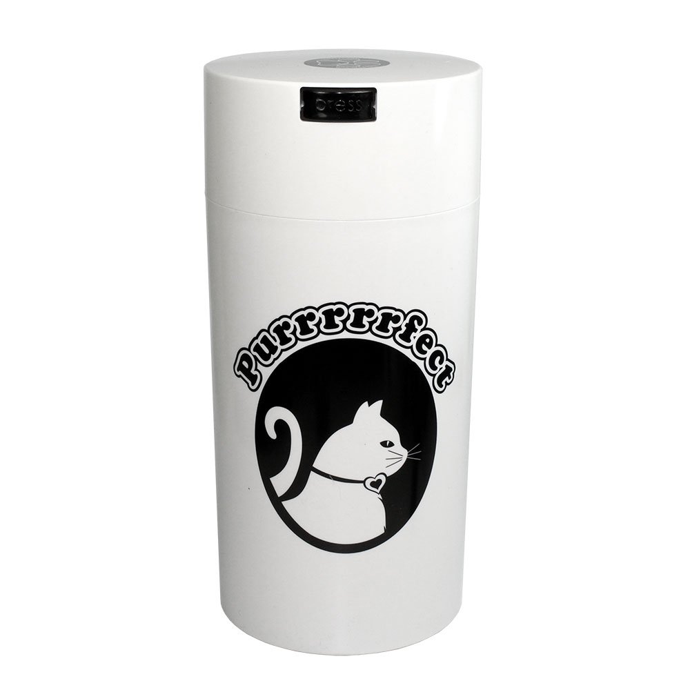 Pawvac 24 Ounce Vacuum Sealed Pet Food Storage Container; White Cap & Body/Black Cat