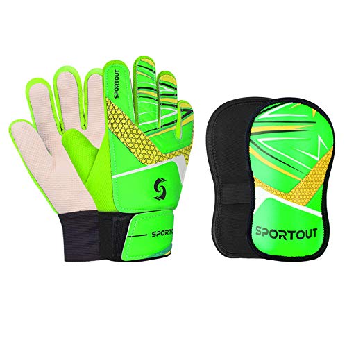 Sportout - Guantes de portero para niños y niñas, juego de espinilleras, color verde, tamaño 6