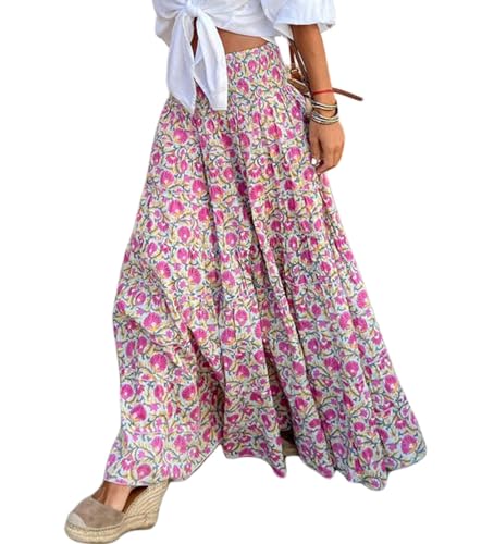 GGUHHU Womens Cute Floral Print Pleated Maxi Swing Skirts Smocked