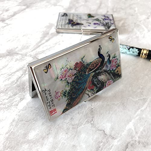 Image of Mother of Pearl Business Card Case Credit Id Name Holder Travel Wallet Art Painting Design Metal Stainless Steel Engraved Slim Purse Pocket Cash Money Wallet (Peacock)