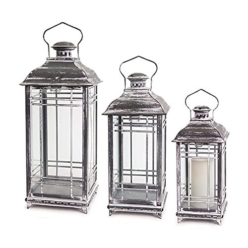 Melrose Rustic Decorative Hanging Metal and Glass Outdoor Porch Deck Patio Home Room DÃ©cor Lantern Candle Holder Lights, Gray (Set of 3)