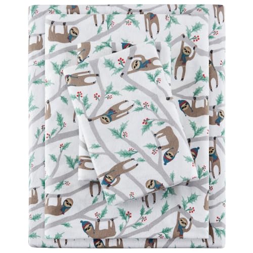 True North by Sleep Philosophy Cozy Flannel Warm 100% Cotton Sheet - Novelty Print Animals Stars Cute Ultra Soft Cold Weather Bedding Set, Twin, Multi Sloth 3 Piece