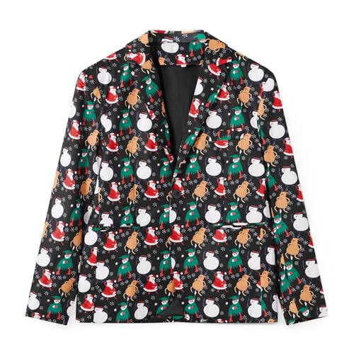 Men's Christmas Suit 3 Piece Slim Fit Xmas Printed Blazer Jacket Pant Vest Formal Dress Party Prom Outfits (#1-Black Snowman, M)2