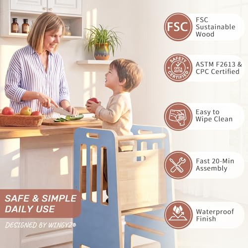Image of WINGYZ Toddler Tower - Anti-Tip Natural Wood Learning Stool for Kids 18M-6Y, 150lb Capacity Kitchen Stool with 3-Height Adjustable Platform and Sliding Door Access, 20lb Portable Design, Blue