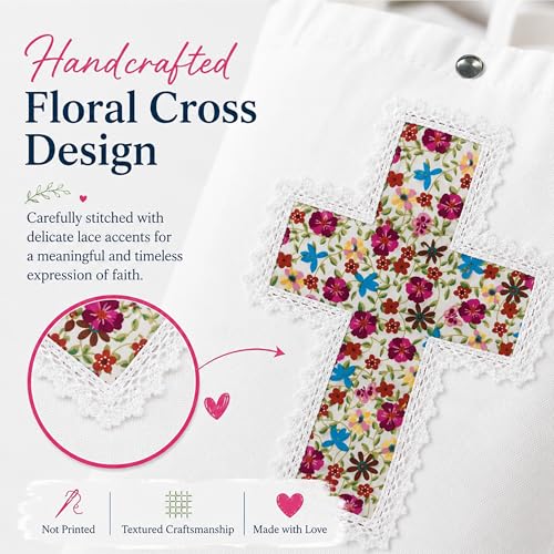 Image of Christian Tote Bag Gift for Women, Canvas Bible Bag Handmade Floral Cross | Christian faith-inspired gift, handcrafted cross with lace, inner pocket, snap closure, bottom gusset, church Bible study use