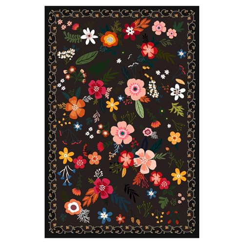 WTHYGB Area Rug for Living Room 4' x 6' Non-Slip Machine Washable Rug for Hallway Kitchen, Vintage Floral Carpet Throw Rug for Bedroom Entryway Bath Laundry (Black) - Image 3