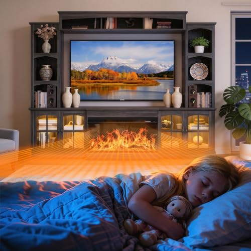 Image of MXV 98 inch Farmhouse Fireplace TV Stand, Large Wall Unit Entertainment Center with 36 inch Electric Fireplace, Media Console with Storage Cabinets and Open Shelves for Living Room, Grey
