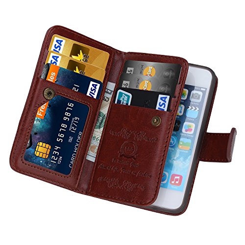 iPhone 5 case, iPhone 5s Wallet case, BRG [Wristlet] [6 Card Holder] [Magnetic Detachable] PU Leather Folio Flip Credit Card Slots Cash Holder Wrist Strap Case for Apple iPhone 5 5s, (Brown)