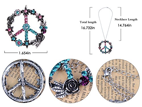 Alilang Silver Tone Retro Flower Crystal Rhinestone Hippie Peace Symbol Pendant Necklace, Blue Pink #TOP5