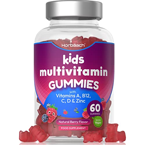 Kids Multivitamin | 60 Vegan Gummies | 14 Essential Nutrients | with Vitamin A, B12, C, D & Zinc | Natural Strawberry Flavour | by Horbaach