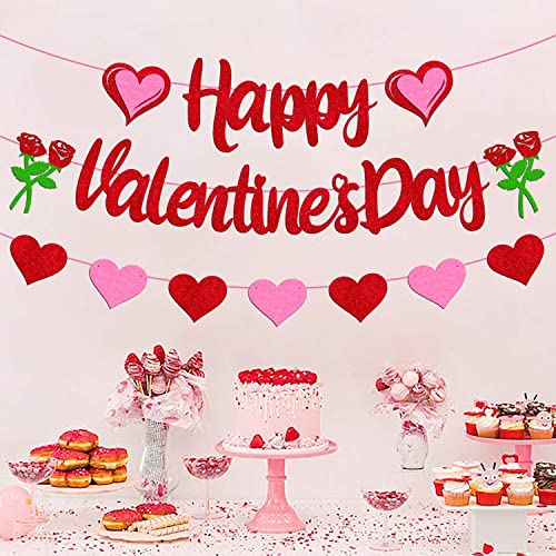 Image of FestikoHappy Valentine's Day Banner Romanic Red Heart Garland for Women Girls Valentine's Day Themed Anniversary Wedding Engagement Bridal Shower Party Supplies Glitter Decorations