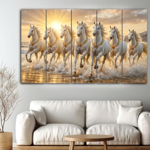 Image of Spacter White 7 Horses Wall Painting for Living Room Big Size - 7 Running Horses Painting Vastu for Bedroom, Office, Hotel - Wall Decor Digital Painting Wooden Framed for Gifting (30x60inch)