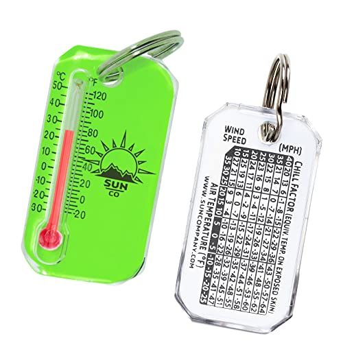 Sun Company Neon Zip-o-gage - Zipper Pull Thermometer for Jacket, Parka, or Backpack | Mini Outdoor Keychain Thermometer with Windchill Chart on Back