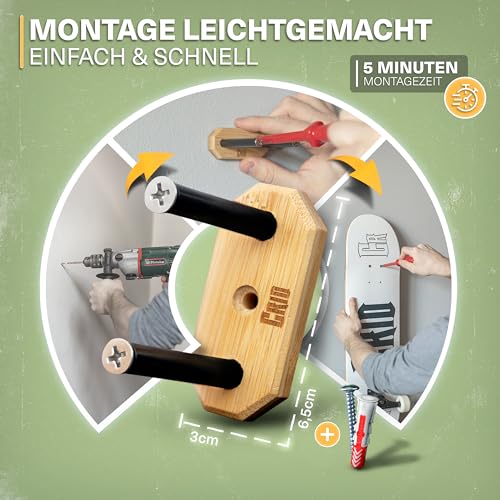 CRID Skateboard Wandhalterung für Decks mit Schwebeeffekt - Bambus - Universal Halterung für jedes Skateboard Deck - Aluminium Stand Offs - Inklusive Montagekit - Modernes Design - Deutsche Marke