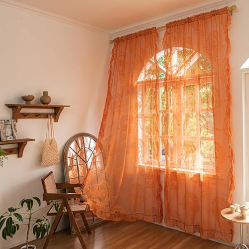 Deeprove Orange Lace Sheer Curtains 84 inches Long 2 Panels Set Boho Burnt Terracotta Florals Embroidery Vintage Window Treatment Pair Fall Decor Drapes for Farmhouse Bedroom Living Room W57 x L84