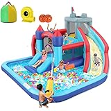 Inflatable Water Slide Park, 10-in-1 Bounce House Waterslide Combo Backyard Waterpark with Two Slide