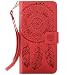 Produktbild FESELE Leder Schutzhülle für Huawei P8 Lite 2017 Klapphülle Feder Mandala Blumen Muster Klapphülle Handyhülle Lederhülle Book Case Handytasche Leder Tasche Flip Wallet Case Cover,Rot