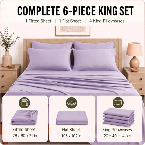 Image of CozyLux 6-Piece King Size Sheet Set, Fits 18-21 Inch Mattresses, Oeko-TEX | 4 Pillowcases, 1 Flat Sheet and 1 Fitted Sheet with All-Around Elastic and 21-Inch Deep Pocket for a Secure Fit, Lavender