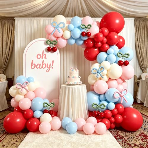 Image of Cherry Balloon Arch Kit, Red Blue Pink White Green Bow Light Mist Balloons