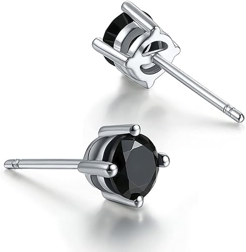 Miniatura 2 de Solitaire - Aretes redondos de plata de ley 925 de ónix negro chapado en platino, joyería fina para mujeres y hombres