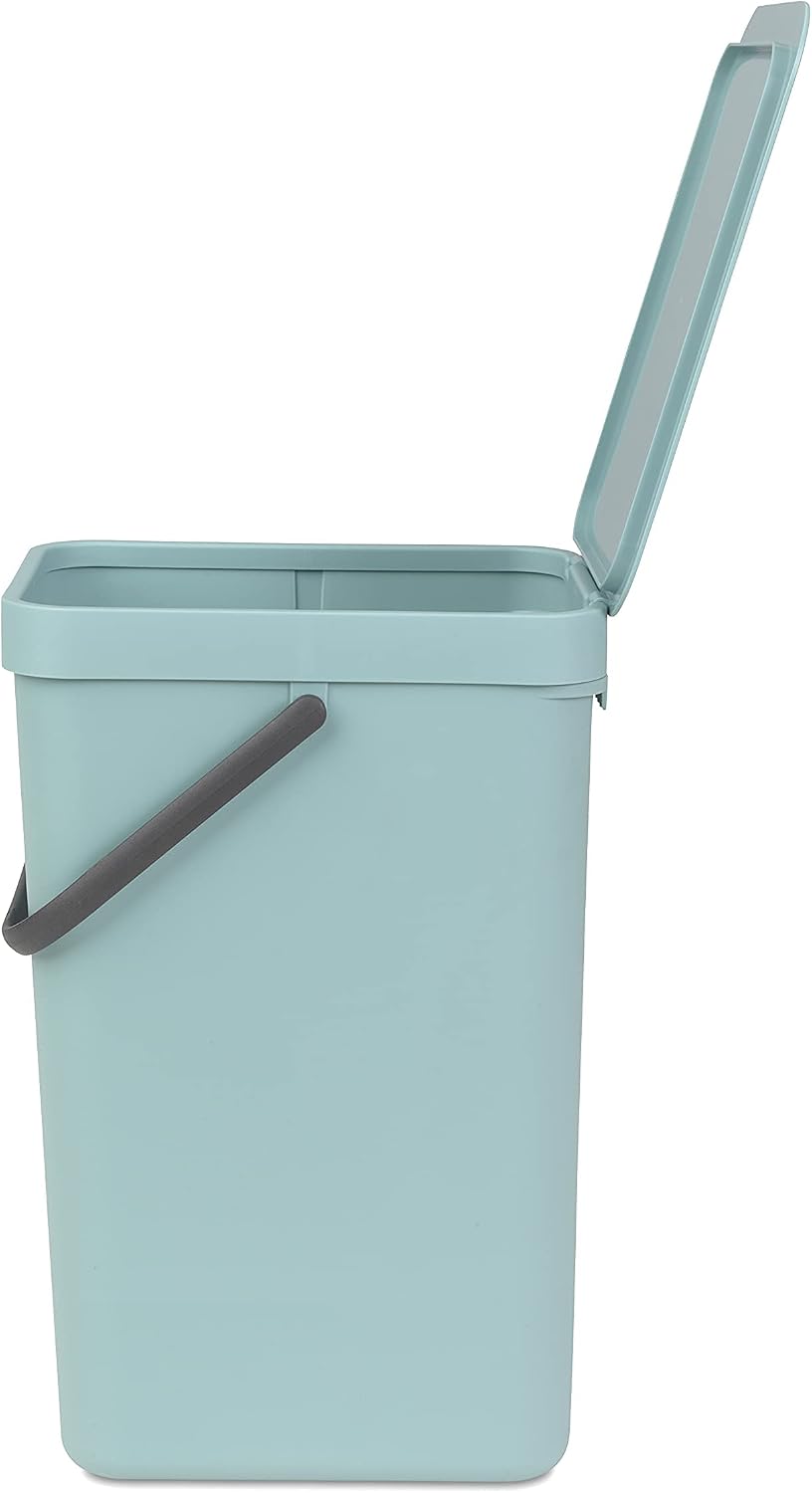 Brabantia Sort & Go Kitchen Recycling Can (4.2 Gal / Mint) Stackable Waste Organiser with Handle & Removable Lid, Wall/Cupboard Mounting