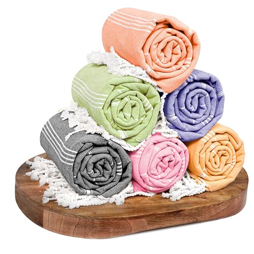 HEIRLOOM COMFORT Turkish Beach Towels Set of 6, 40x71 Inches, Oversized, 100% Cotton, Lightweight, Sand Free, Quick Dry, Absorbent, Pool, Spa, Gym