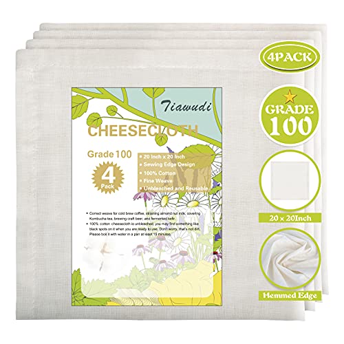 4 Pack 20x20 Inch, Grade 100, 100% Unbleached Pure Cotton Cheesecloth for Straining, Ultra Fine Reusable Hemmed Edge Stainer, Double Layer Filtration, Nut Milk Strainer