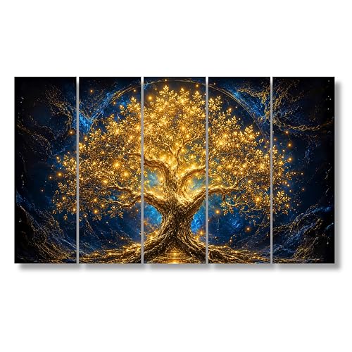 Image of Nozvera Tree of Life Golden 5 Panel Wall Painting | Large 48x24 Inch UV Printed Canvas Art | Glowing Mystical Tree Wall Decor for Living Room, Office, Bedroom | Waterproof Antifade Multipiece Home Decor Gift